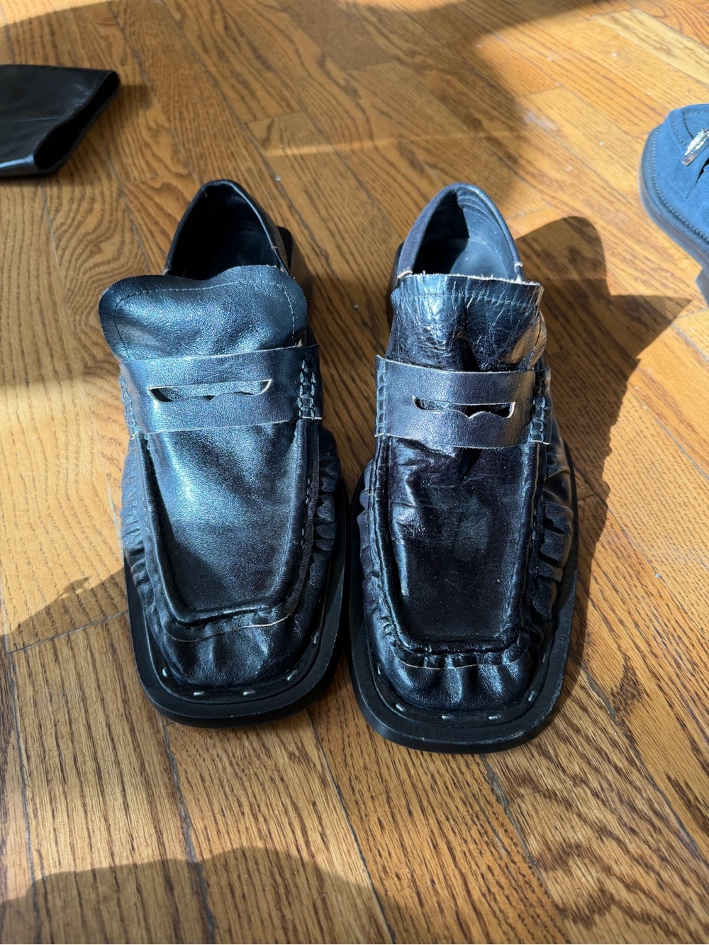 Miista Black Leather Square-Toe Penny Loafers